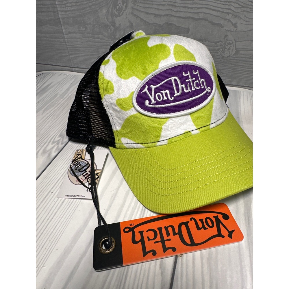 Von Dutch Cow Print Trucker Hat Green White Purple Mesh Back Adjustable - Picture 1 of 3